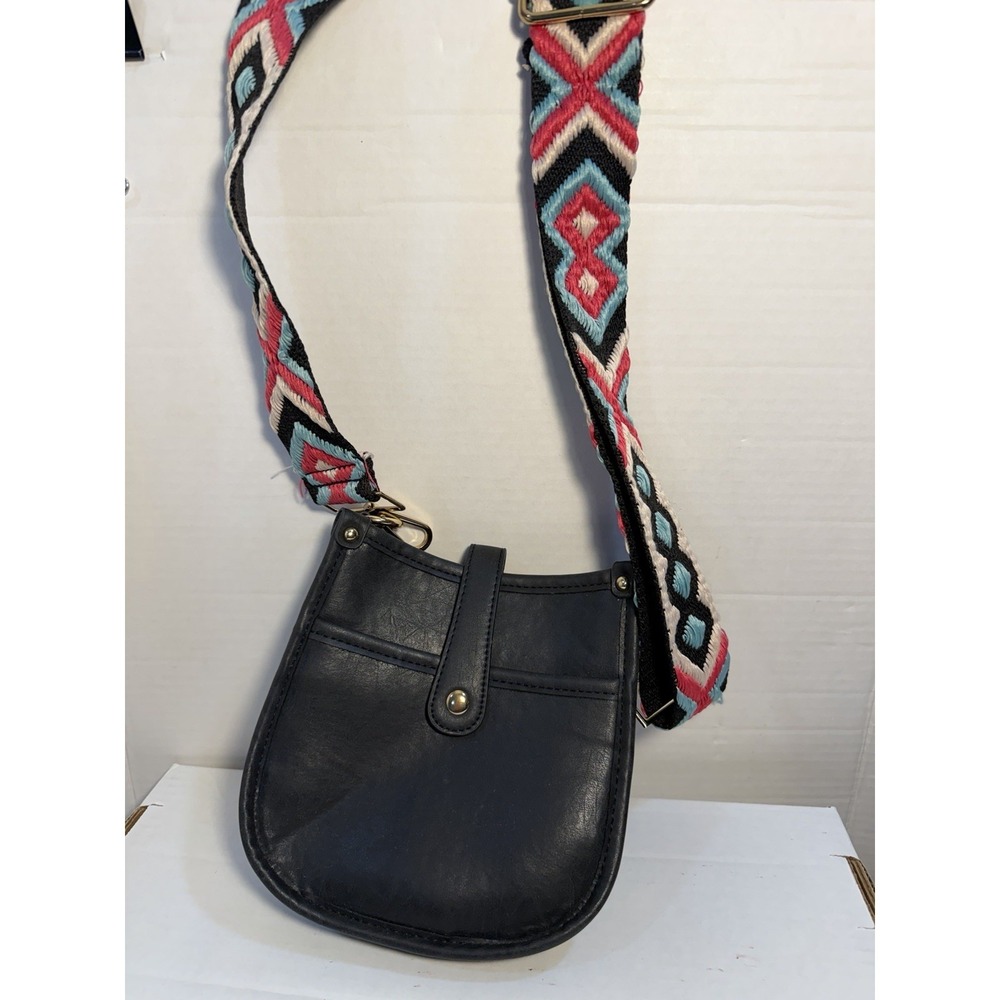 Threaded Pair‎ Black Leather Emmy Courier Style Crossbody Bag Guitar Embroider